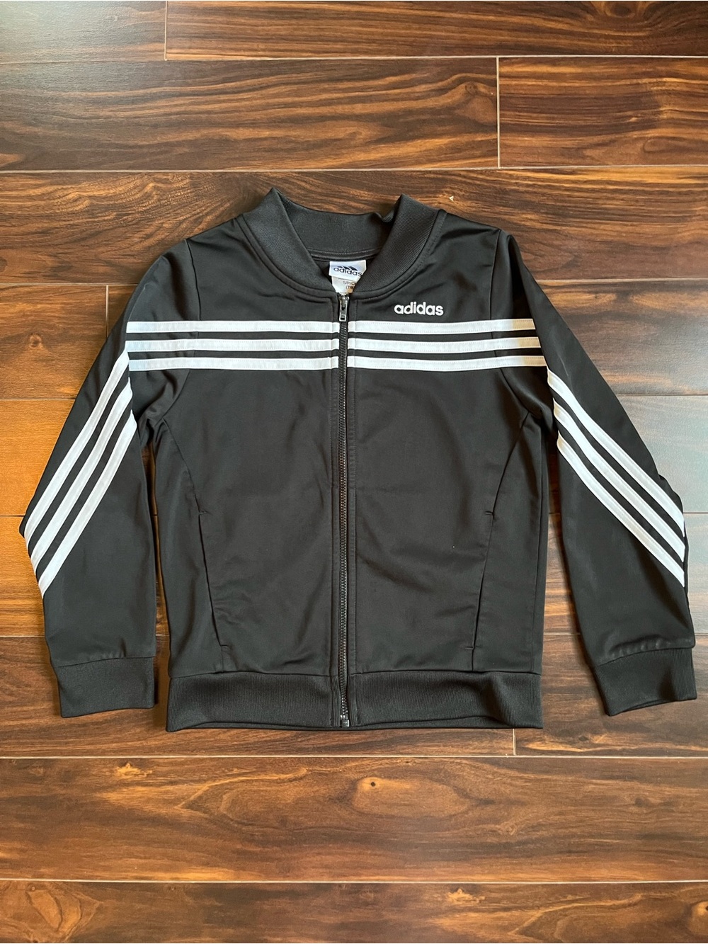 adidas Kid’s Black Zip-Up Track Jacket with White Stripes, S, EUC